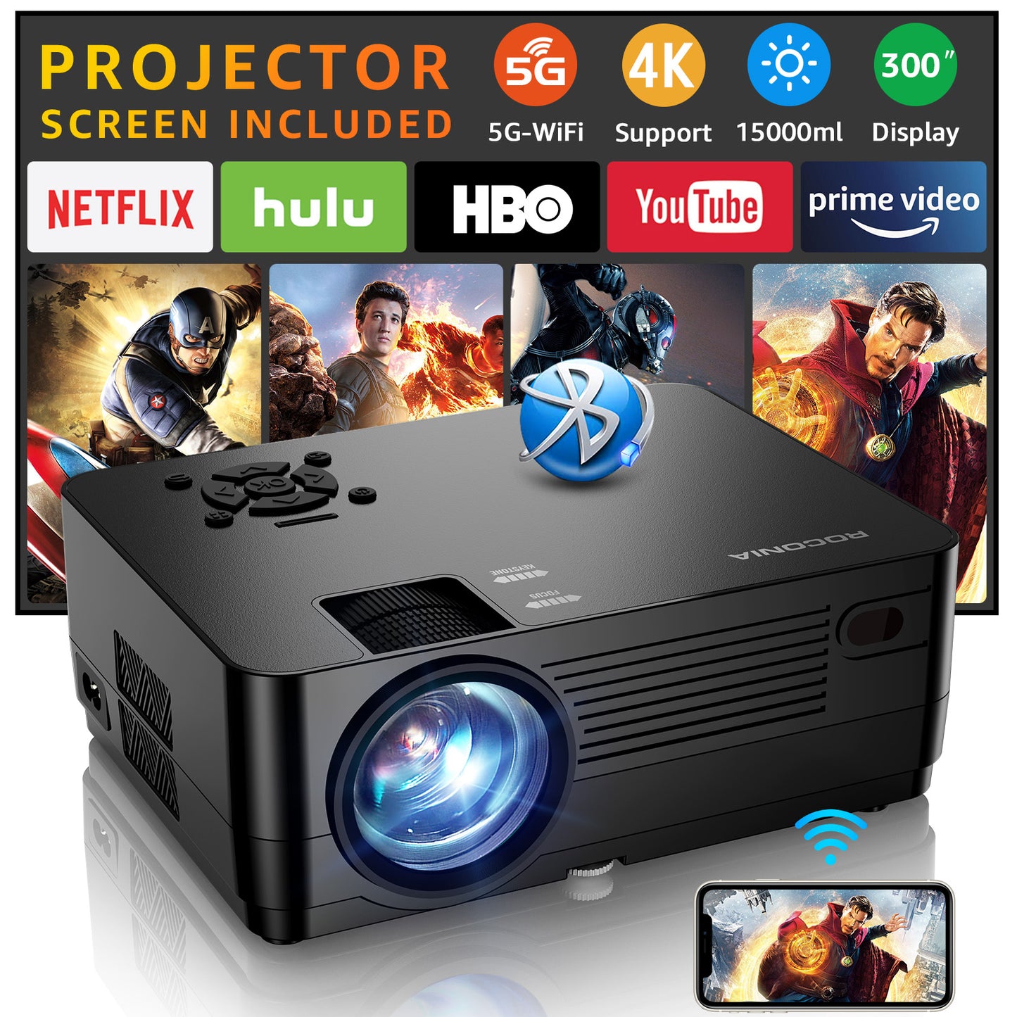 ROCONIA 5G WiFi 4K Projector 15000LM